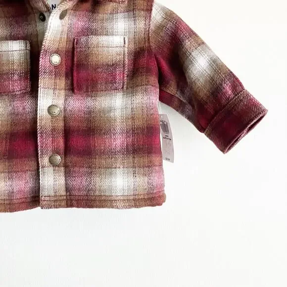 NWT Old Navy Baby 3-6 Mos Flannel Jacket Plaid Sherpa Lined Pockets Dark Red - Picture 5 of 7